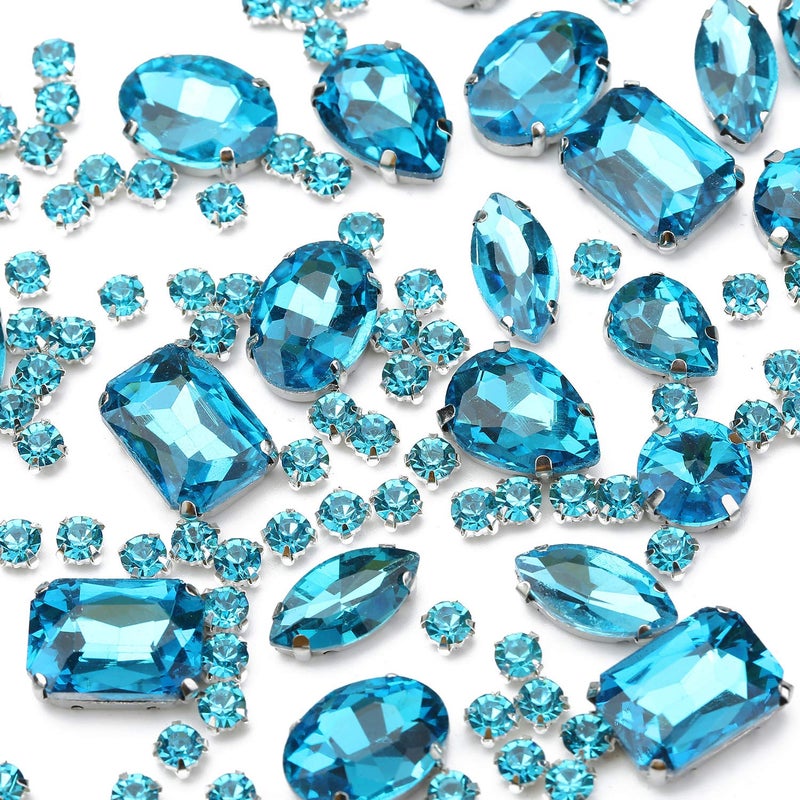 Choupee Blue Sew On Rhinestones, Choupee 130PCS Teal Sew On Rhinestone Metal Back Prong Setting Sewing Claw Rhinestone Mixed Shapes Sew On Glass Gems for Jewelry, Clothes, Costume, Shoes, Dress, Garments - Image 1